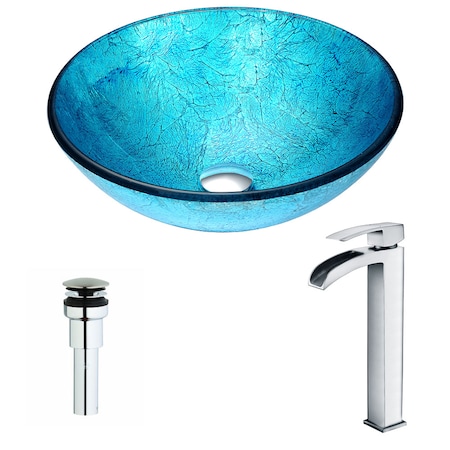 ANZZI Accent Blue Ice Deco-Glass Vessel Sink with Polished Chrome Key Faucet LSAZ047-097